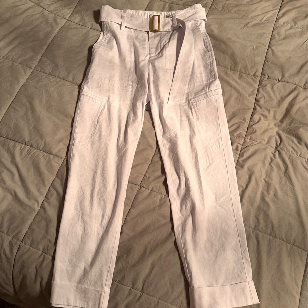 VINCE White Belted Linen Blend Pants